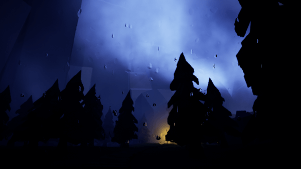 Screenshot of GRAPPIN. It is dark and there are raindrops splattered on the screen. In the background are black shadows of pine trees against a dark blue sky, with smooth white cliffs on the sides. The sky is cloudy and the sun struggles to break through. Among the trees there is a small orange light.