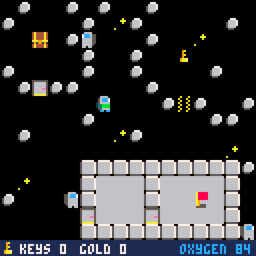 Black screen with items, blocks, chests, and other items scattered around. Two astronaut characters are walking around.