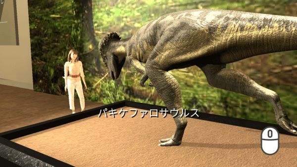 A Pachycephalosaurus charging forward with a grinning visitor NPC standing in front of it.