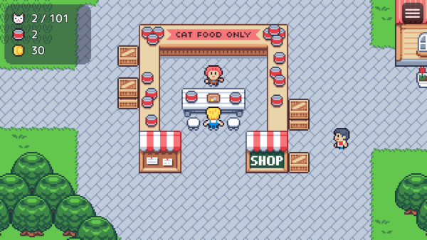 Screenshot from Cat Café 101. The player is standing in front of the shopkeeper, who has an outdoor stall. A large sign in the back says CAT FOOD ONLY. There are crates and counters surrounding the stall, and town characters walking around on the sides.