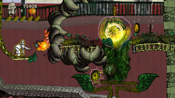 The baker shooting flaming dough at a cage of bones. A large glowing plant heart hovers in the center
