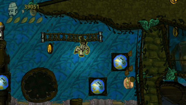 The baker crossing vine monkey bars in a dark level, with glowing amoeba-looking enemies nearby.