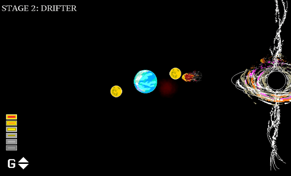 Screenshot of Level 2 in Moon Hammer. The Earth has two moons circling it and is rapidly approaching a wormhole. A meteor is heading towards one of the moons.