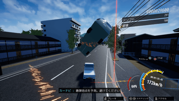 Kei truck crashing into a car, sending it flying into the air, while a red laser crosshair projected down from above follows
