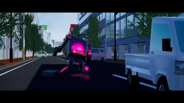 A glowing pink vacuum cleaner pursuing the kei truck
