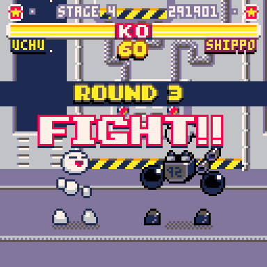 Screenshot of Round 3 starting between Uchuzine and Shippo Tsuki, with FIGHT!! in big letters across the screen.
