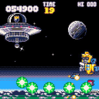 Screenshot of the Save the Earth challenge mode with AUTOFIVE fighting aliens.