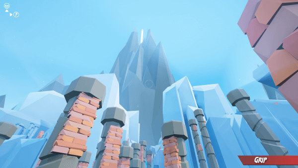 Screenshot of GRAPPIN, standing at the base of a mountain and looking up at the peaks. There are columns of bricks standing in the foreground.