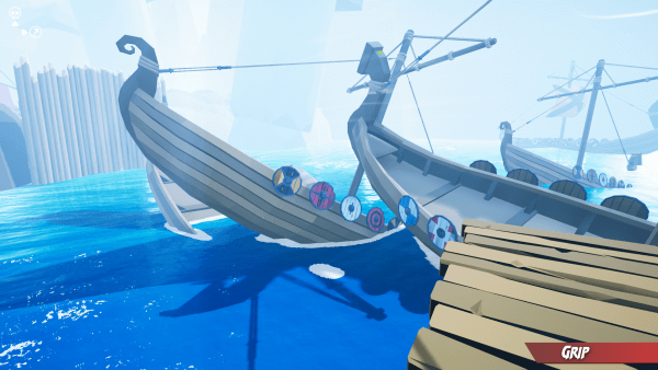 Screenshot from GRAPPIN. Viking boats are sunken and submerges near a wooden pier. There are round colorful shields along the sides of the boats.