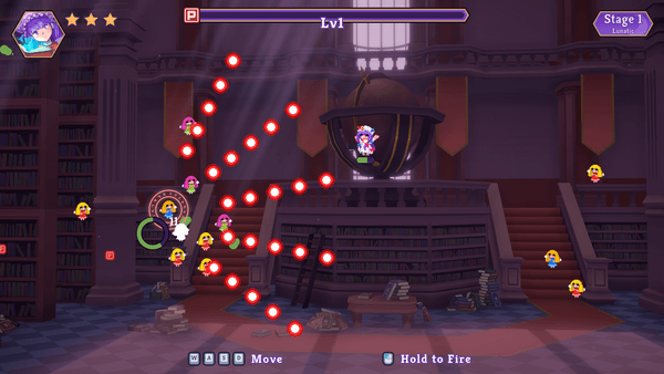 First level of Touhou Library Survivors with enemies shooting an array of bullets at the player