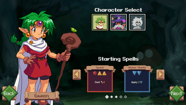 Character select screen with a large portrait of Gwen the green-haired witch, with a grid of two other characters to choose from