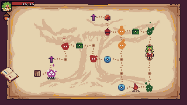 The map of Witching Stone with icons for enemy encounters, chests, the shop, and resting points scattered around.