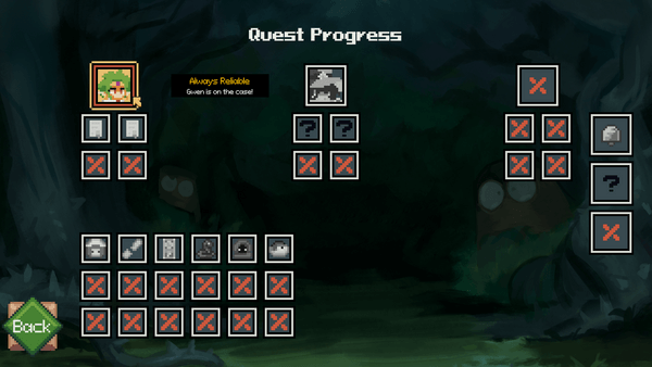 Grid of icons labeled Quest Progress with the different characters and achievements you can unlock with them
