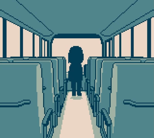 Creepy shadow figure standing at the front of an empty bus. Camera perspective is at the back of the bus looking down the aisle.