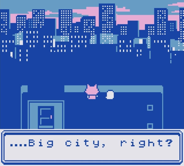 Neko and Tori standing on the roof of the bar and looking out at the cityscape. Tori says, 'Big city, right?'