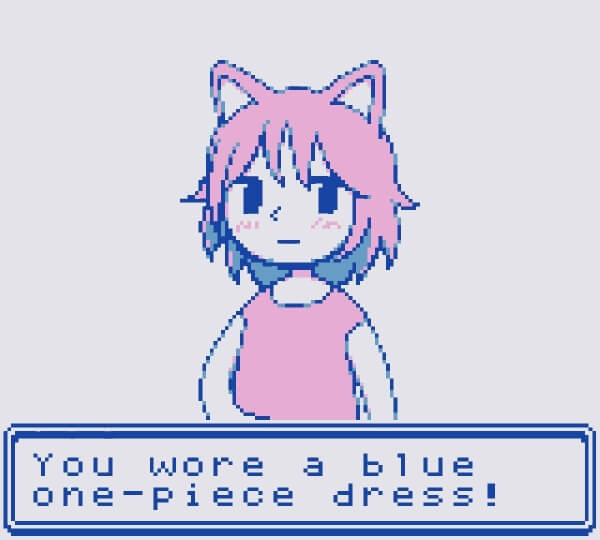 Close-up of Neko wearing a dress. 'You wore a blue one-piece dress!'
