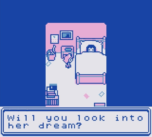 Neko standing near the bed of a sleeping woman. Dialogue asks, 'Will you look into her dream?'