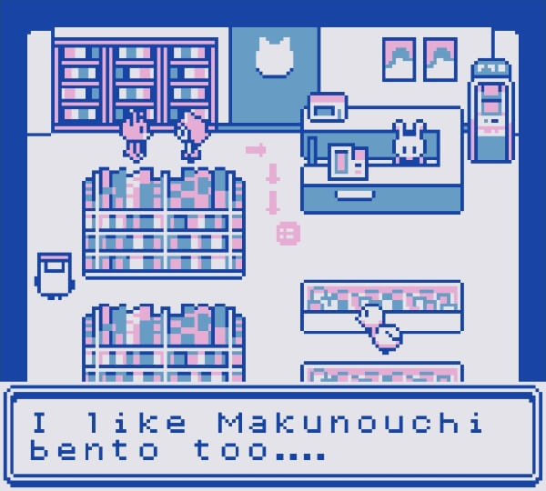 Cat protagonist on Neko Can Dream talking to a bear in a convenience store, who tells them, 'I like Makunouchi bento too...'
