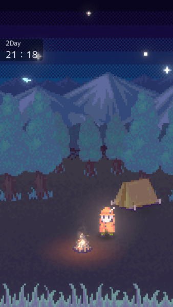 Pixel art character standing near a campfire at night.