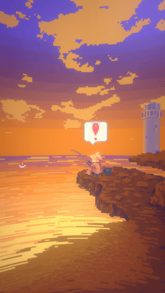 Player fishing by the shore at sunset, which is overwhelmingly orange and beautiful.