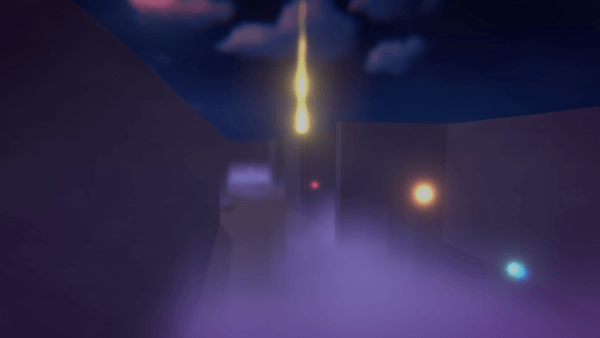 Maze filled with mist and floating light particles, and a giant column of light in the distance as the goal