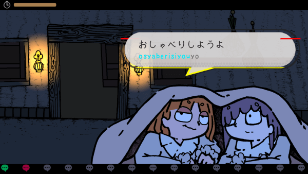 A screenshot of the two girls under the blankets talking. The girl on the left (the player) has just made a mistake and therefore has a strange face.