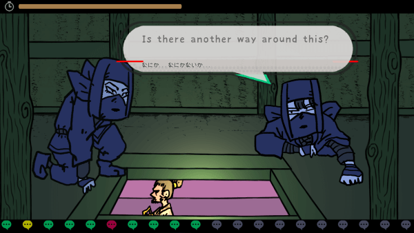 Screenshot from Whisper Whisper of two ninjas in an attic looking down at a lord. The ninja on the right asks, 'Is there another way around this?'