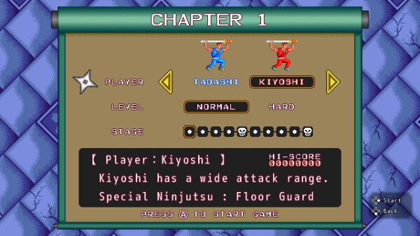 Character and level selection screen of Super Shadow Break, showing the blue ninja Tadashi and the red ninja Kiyoshi.