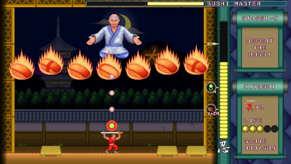 Screenshot of Super Shadow Break boss battle against the Sushi Master