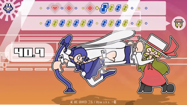 Screenshot from PHRASEFIGHT. The character on the left is wearing a blue bunny suit and doing a flying kick at the character on the right, who is blocking and grimacing.