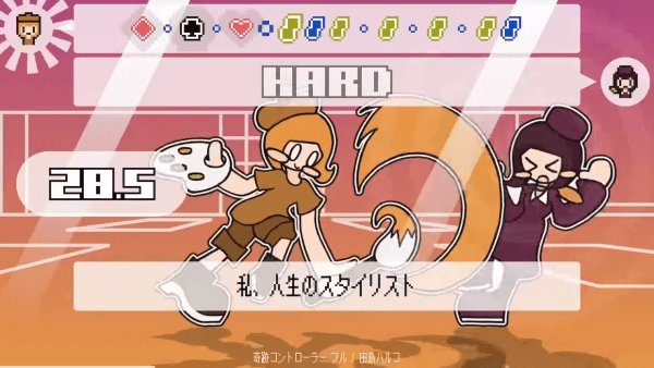 Screenshot from PHRASEFIGHT. The character on the left is carrying a large painter's palette and swiping at the other character with an enormous paintbrush. The character on the right is getting hit and is grimacing.