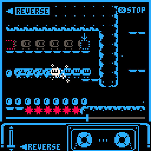 Screen is blue and REVERSE in the top left as the player moves left across a gap to collect coins in a straight line.