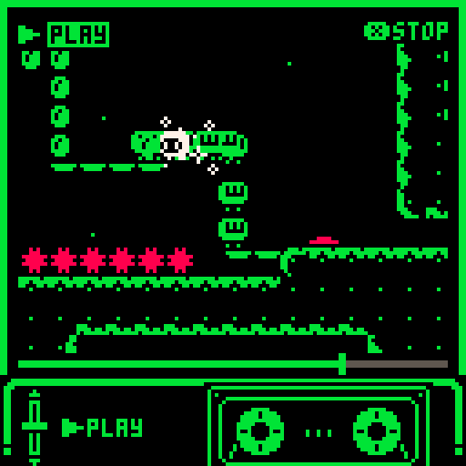 Screen is green and PLAY in the top left as the player moves in a huge 90-degree angle up and to the left onto a platform while avoiding spikes.