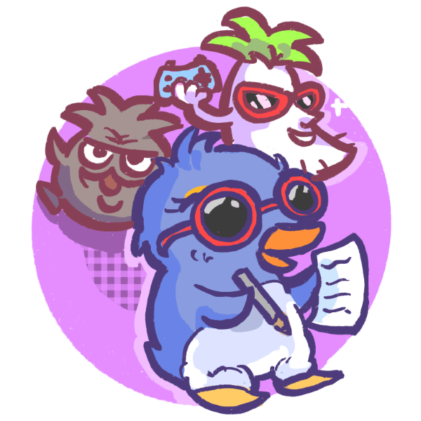 Fanart by nora of Renkon in the background Daikon, and Adele the purple penguin wearing red sunglasses and taking notes in the foreground