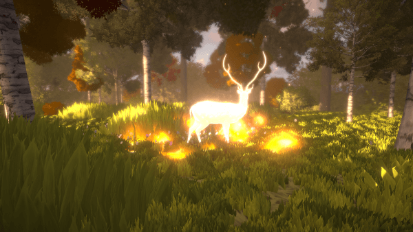 Screenshot from Solastalgia. An idyllic forest with a deer made of light. The ground around the deer is on fire.