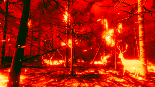 Screenshot from Solastalgia. The forest is on fire and deer are running through it. Their skeletons can be seen through their skin.