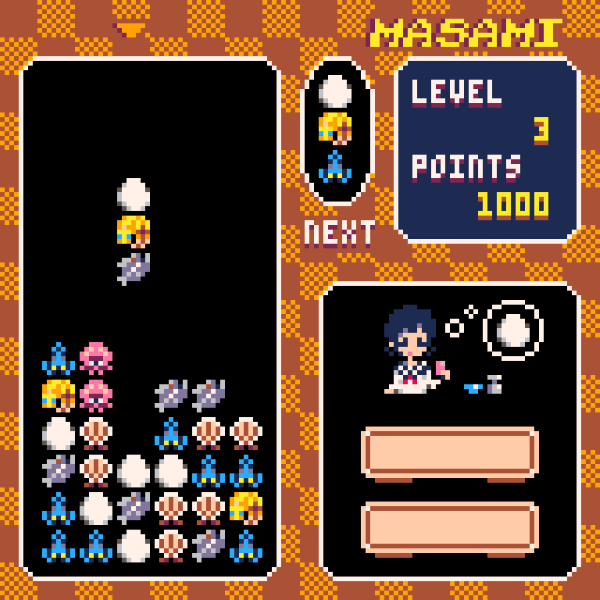 Screenshot of MASAMI Express, a falling-block style puzzle game made in PICO-8 using sushi ingredients