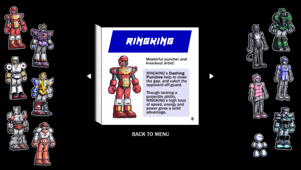 Game manual page opened to RINGKING, a red boxer robot. Text reads 'Masterful puncher and knockout artist! RINGKING's Dashing Punches help to close the gap, and catch the opponent off-guard. Though lacking a projectile ability, RINGKING's high total of speed, energy and power gives a solid advantage.'