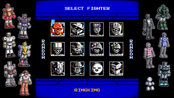 Character select sreen of ROBO OH with twelve robot character portraits laid out in a grid.