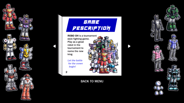 Game Description page of the manual within ROBO OH. Picture of all the robots assembled, and text, 'ROBO OH is a tournament style fighting game. Play as a great robot in the tournament to name the new king. Let the battle for the crown begin!'