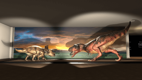 A Triceratops and Tyrannosaurus Rex facing off on a stage with dramatic lighting.