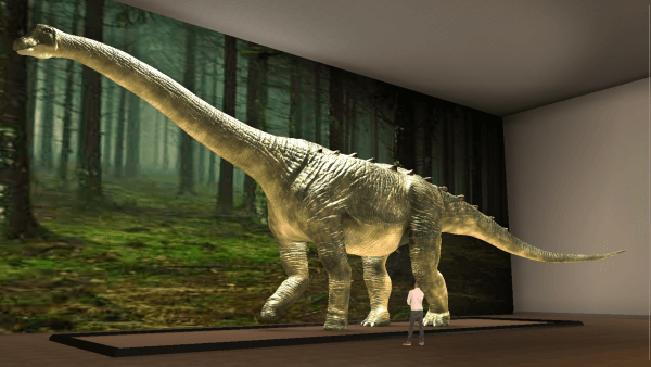 An Alamosaurus looming over a human visitor.