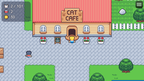 The player is standing in front of a huge building that says CAT CAFE across the top.