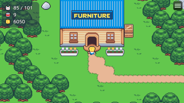 Screenshot from Cat Café 101. The player is about to enter the furniture shop, which has a sign across the top that says FURNITURE in yellow on a blue background.