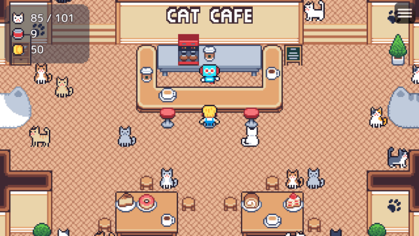 Screenshot of Cat Café 101. The player is standing in the cafe and facing the blue robot who runs it. Around them are lots of cats milling about. Some of the tables nearby have sweets on them.