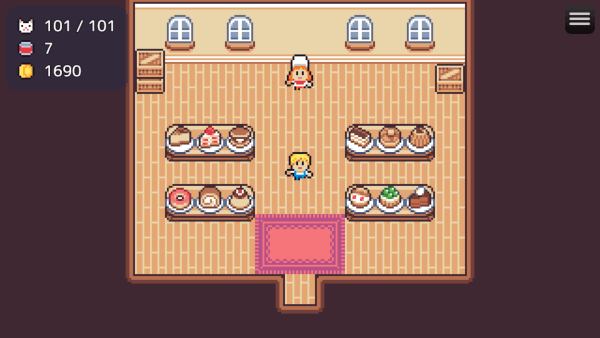 Screenshot from Cat Café 101. The player is standing in the center of the patisserie, which has filled out the twelve plates with sweets and baked goods. The chef is in the back.
