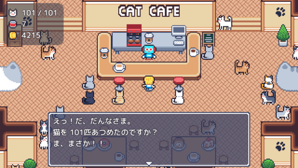The player is speaking to the blue robot who manages the cat café. The cafe is filled with cats, furniture, and food. The robot says, 'What! Bo-Boss, did you really gather 101 cats? No way!!'