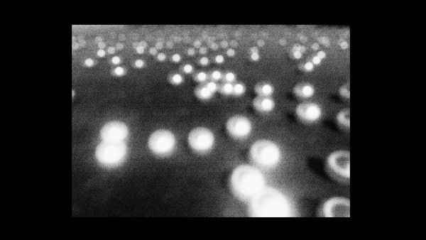 Screenshot from city::ephemera from a slightly higher angle than before, looking down at clusters of orbs on the ground. The image is grainy and black-and-white.