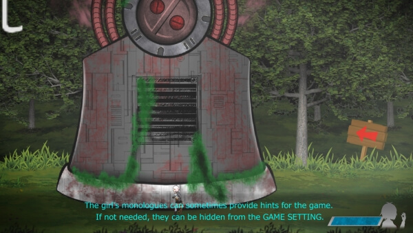 Tiny player character running alongside a screen-filling mechanical foot. The text reads, 'The girl's monologues can sometimes provide hints for the game. If not needed, they can be hidden from the GAME SETTING.'