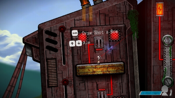 Chisel standing on a platform and aiming her arrow at a part of the enormous mechanical creature she is riding, with tutorial text indicating how to draw and aim her bow.